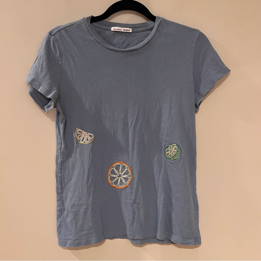Reformation Jeans Blue Fruit Short Sleeve Top